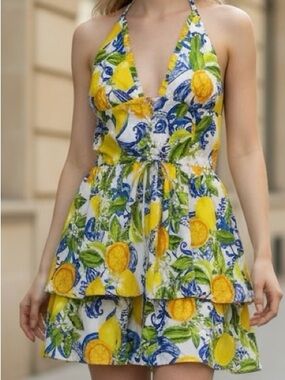Source Unknown Yellow and Blue Lemon Print Halter Mini Dress Size Medium
